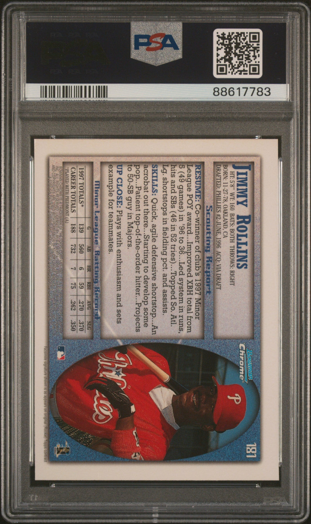 Graded 1998 Topps Bowman Chrome Jimmy Rollins #181 Rookie RC Baseball Card PSA 10 Gem Mint