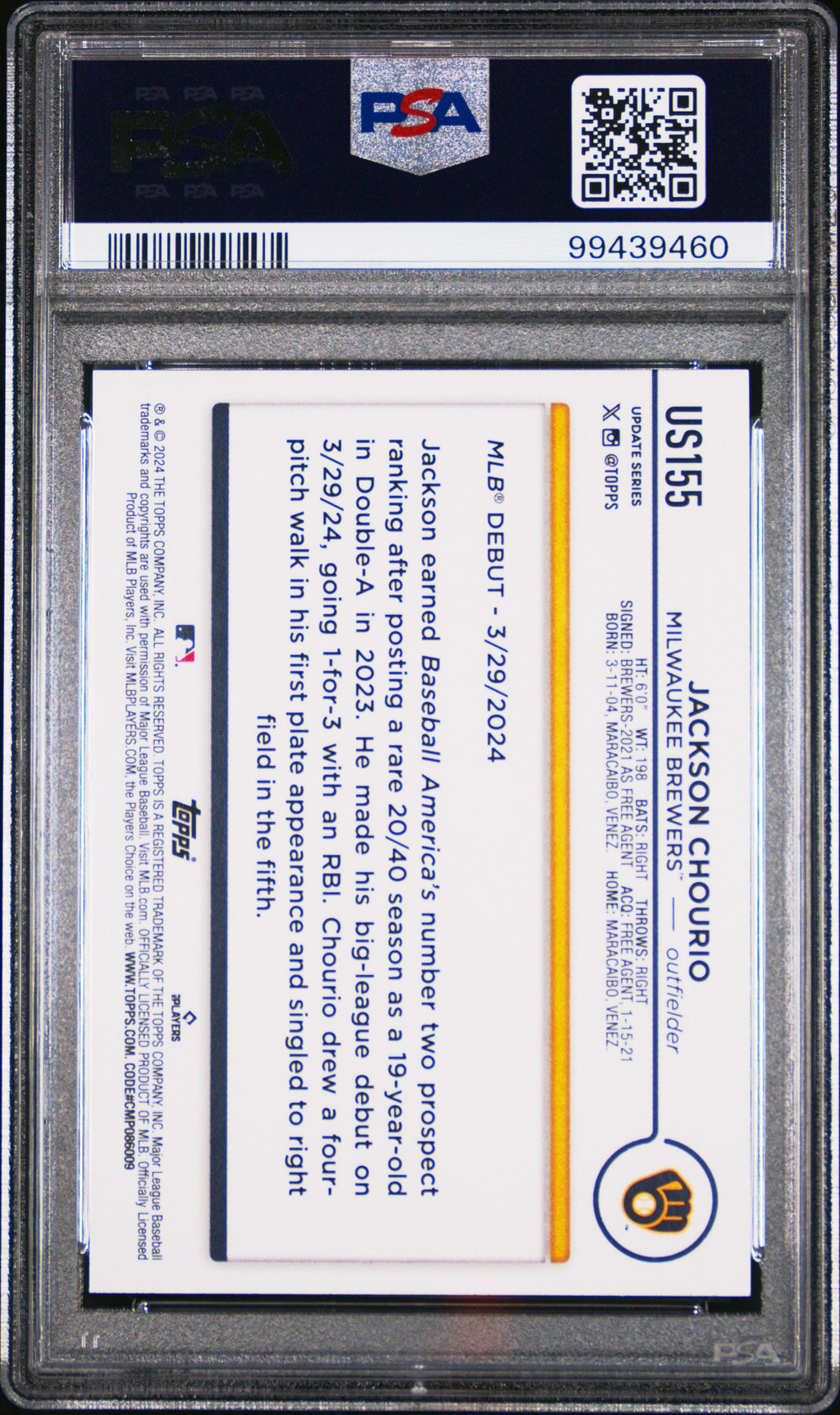 Graded 2024 Topps Update Jackson Chourio #US155 Rookie RC Baseball Card PSA 10 Gem Mint