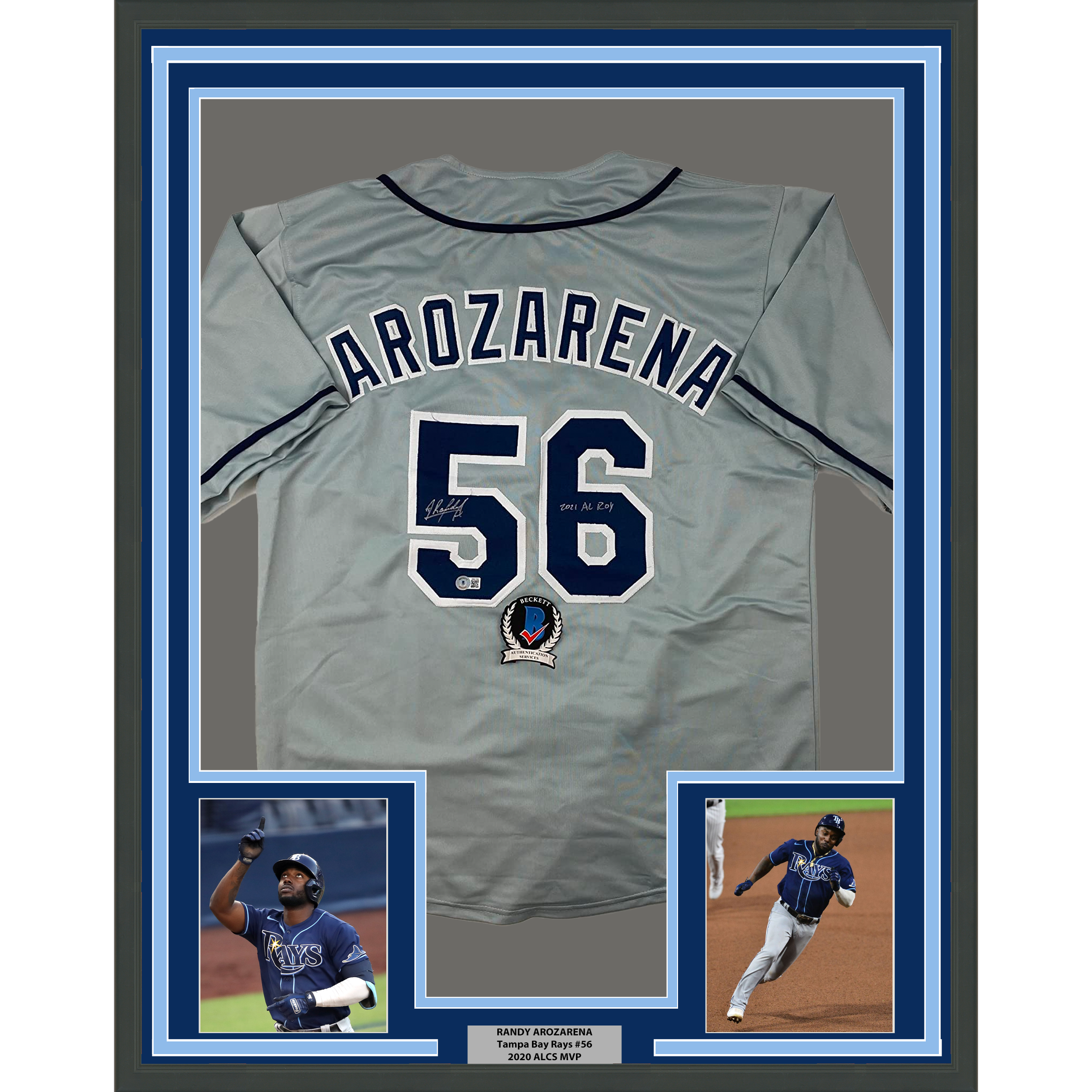 Framed Autographed/Signed Randy Arozarena 35x39 Tampa Bay Grey Baseball Jersey Beckett BAS COA