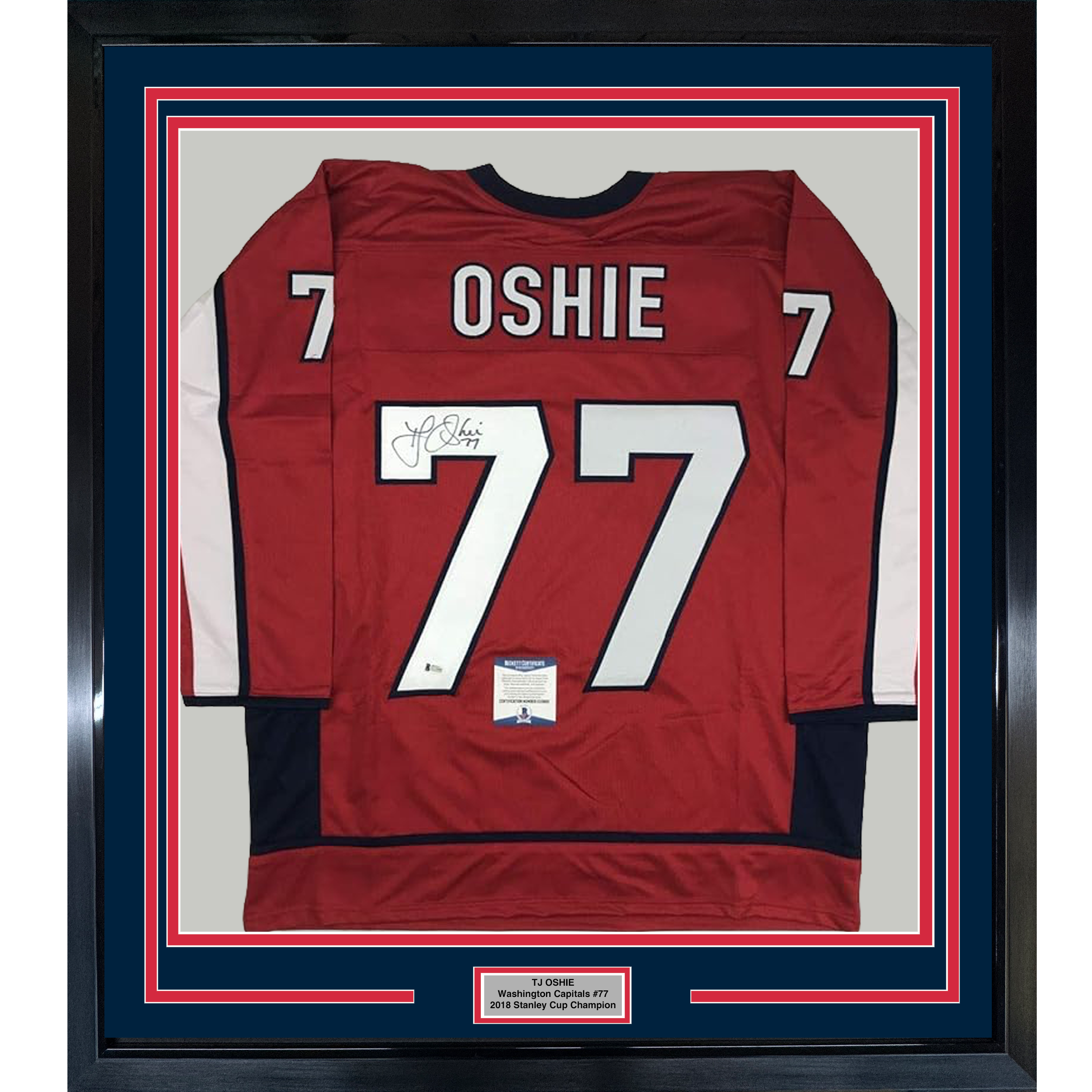 Framed Autographed/Signed TJ T.J. Oshie 35x39 Washington Red Hockey Jersey Beckett BAS COA