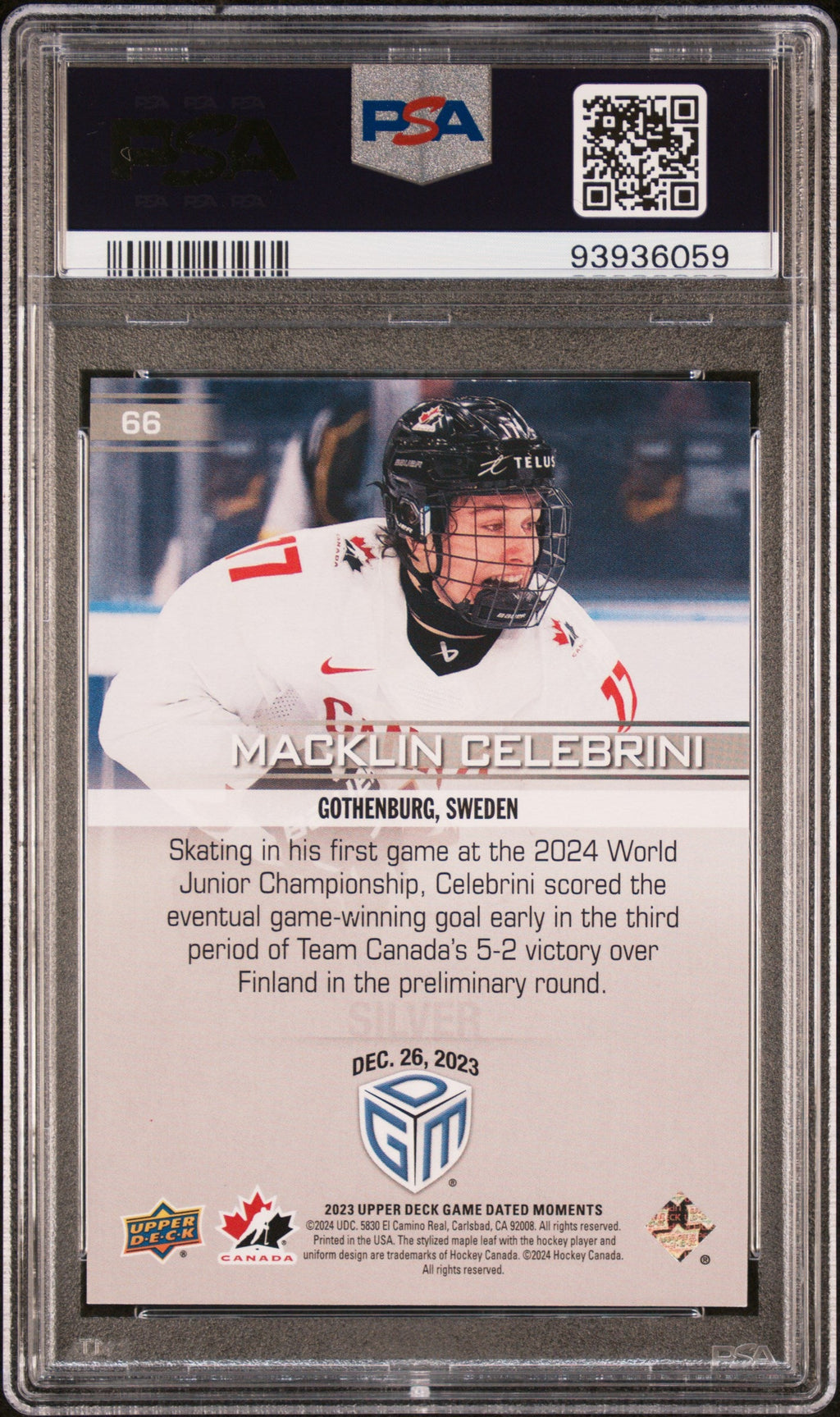 Graded 2023 Upper Deck Macklin Celebrini #66 Game Dated Moments Rookie RC Hockey Card PSA 10 Gem Mint