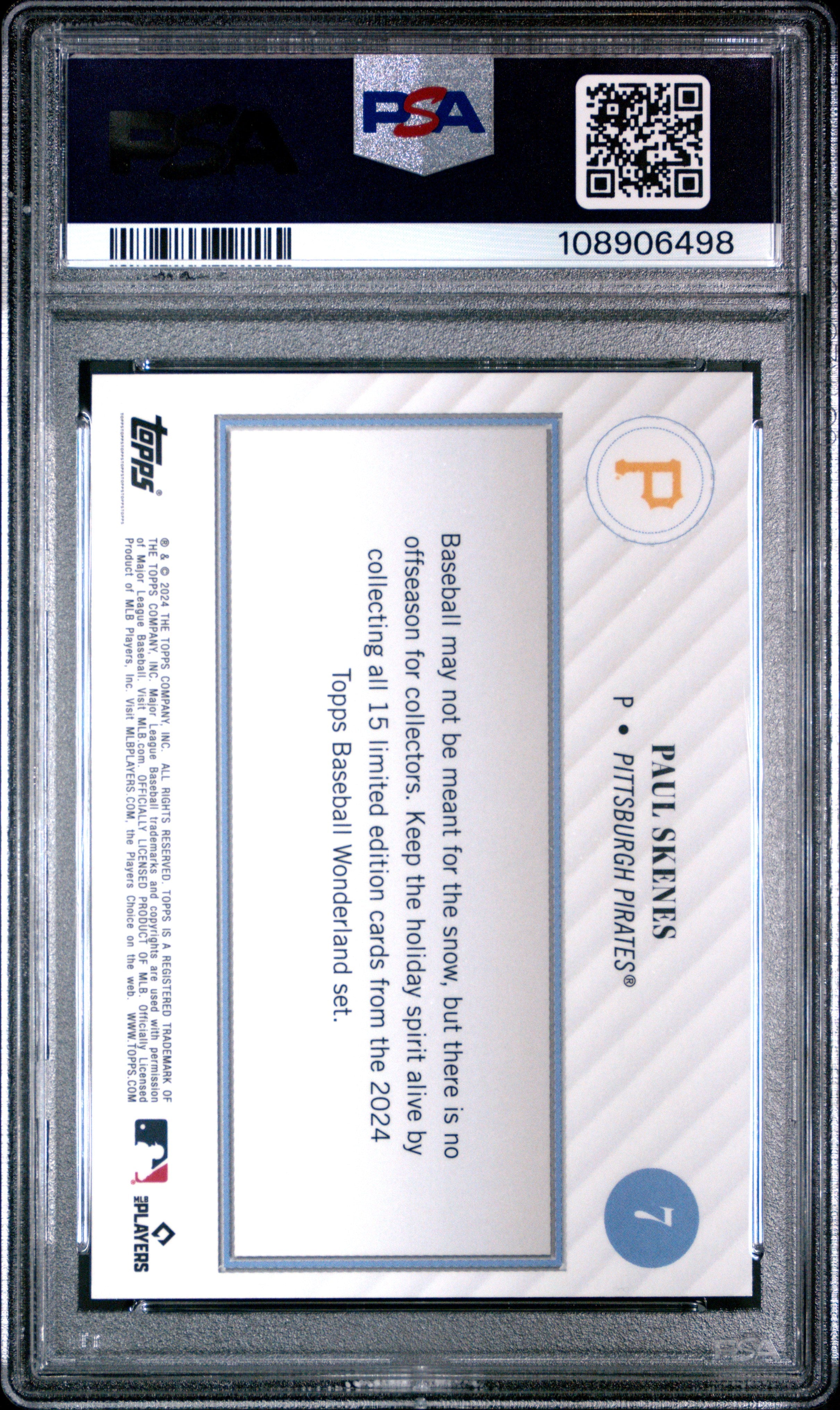 Graded 2024 Topps Wonderland Paul Skenes #7 Rookie RC Baseball Card PSA 9 Mint