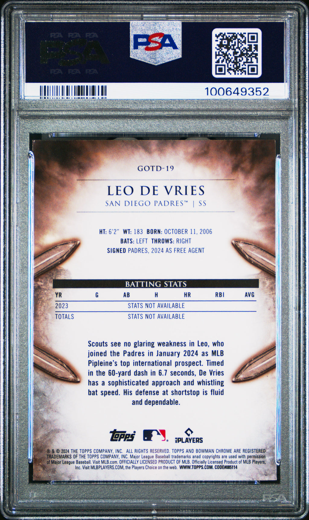 Graded 2024 Topps Bowman Chrome Leo De Vries #19 Gladiators of the Diamond Rookie RC Baseball Card PSA 10 Gem Mint